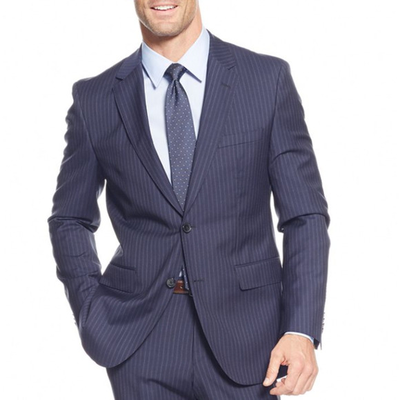 HUGO BOSS Bertolucci/Cinema Suit‎ Jacket Navy Blue Chalk Stripe Virgin Wool, 38R - Picture 1 of 13